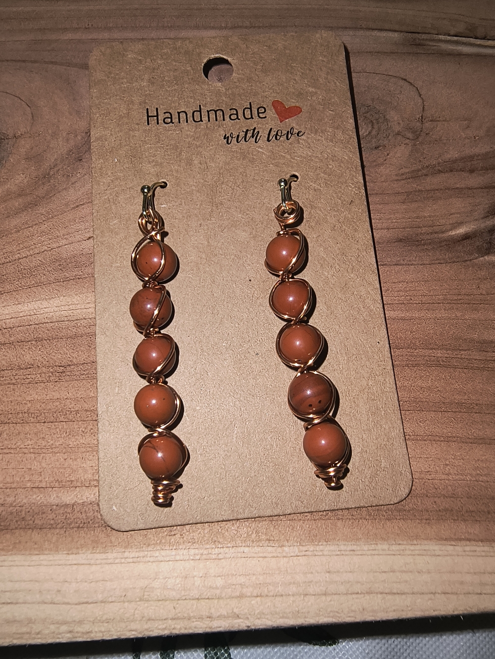Hand Crafted Gold Wire Brown Bead Drop Earrings